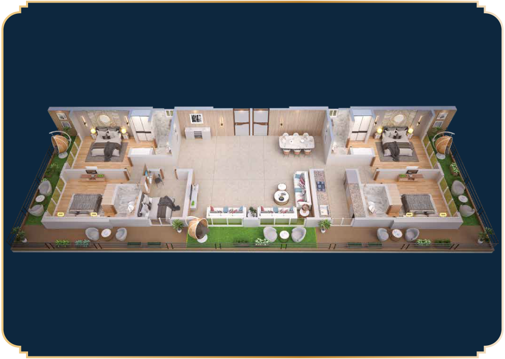 Isometric flat view showcasing bedroom, living room, kitchen, and balcony at MM Valley