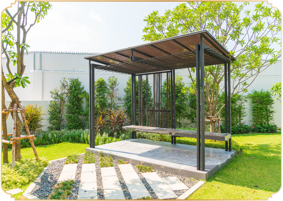 Peaceful gazebo surrounded by greenery at MM Valley residential complex